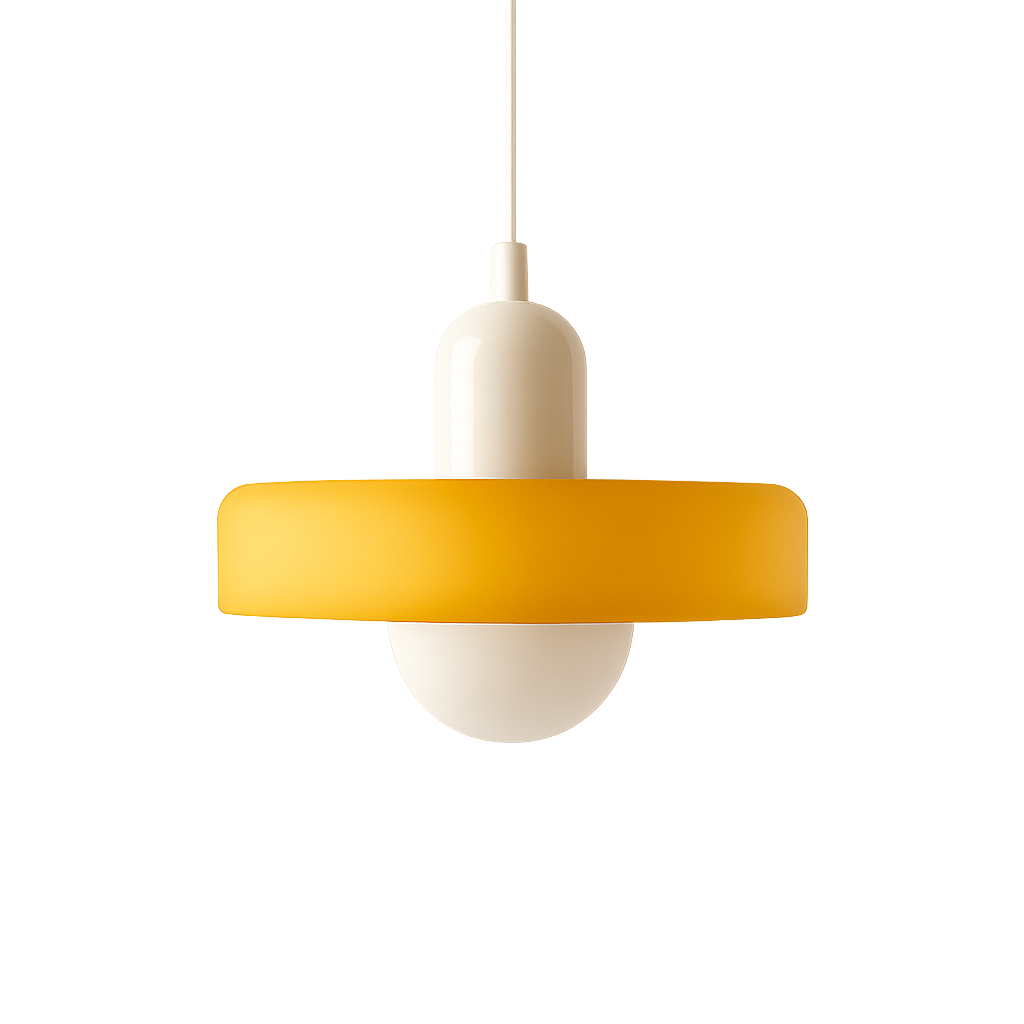 #Pendant light with a yellow shade and white base on a white background